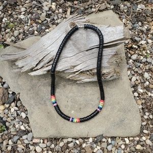 Wood Beaded Necklace Black/Rainbows Handmade 18"